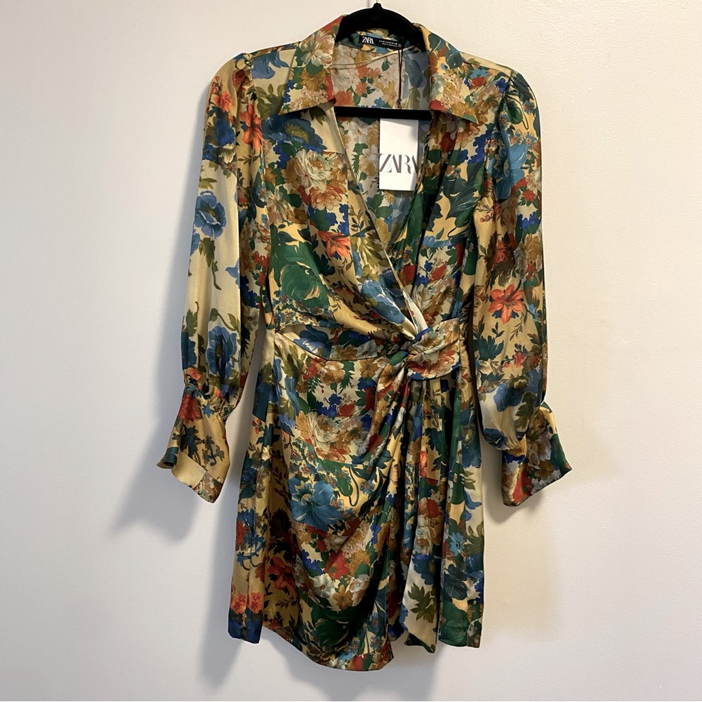 NWT Zara Satin Effect Wrap Dress Floral Sz M